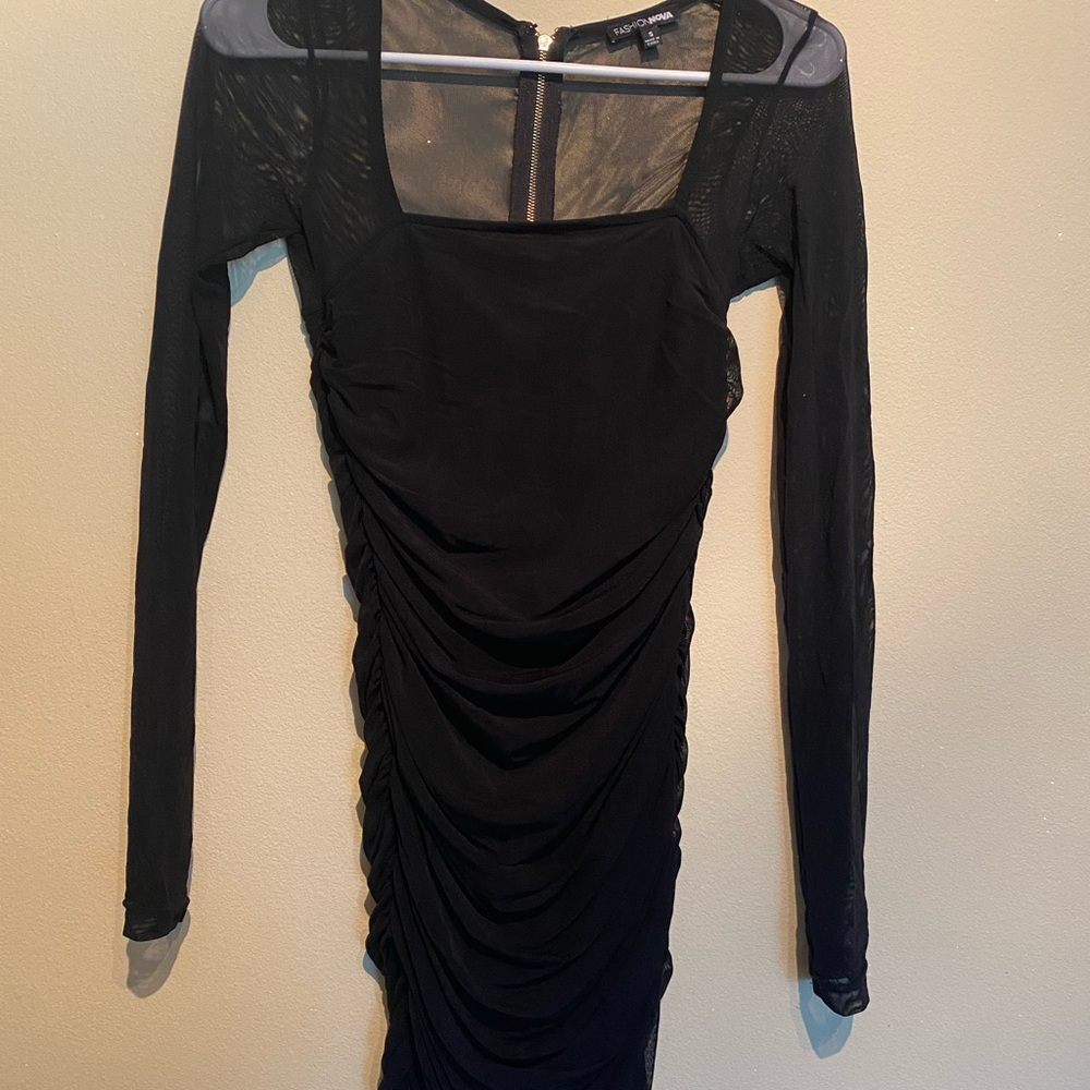Fashion Nova Black Ruched Bodycon Dress Long Sleeve